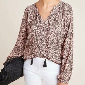 Kachel x Anthropologie Women's Blouse 12 Leopard Tunic Top Tie Shirt Brown